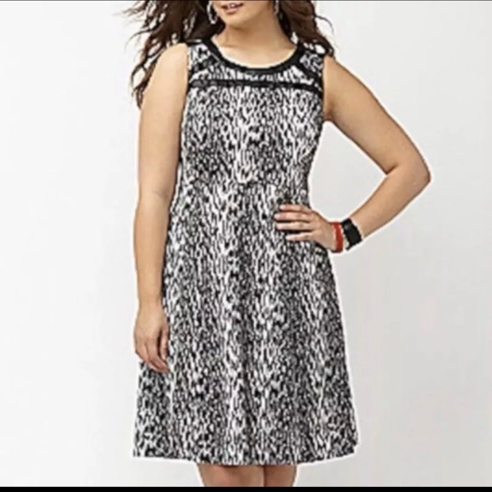 Lane Bryant Animal Print Gray Black Faux Leather Trim Sleeveless party Dress 18